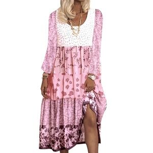 NORACORA Dress Tiered Long Sleeve Florals Pink White Burgundy Women Size XXL